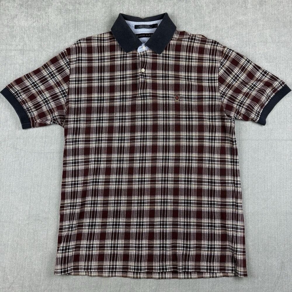 Tommy Hilfiger Polo Shirt Mens Large Maroon White Plaid Vintage Short Sleeve